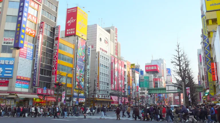 Tokyo shopping street at dusk with bright signs, popular with manga and anime fans